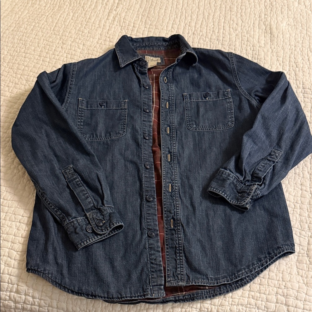L.L. Bean Lined Navy Blue Denim Button-Down Work Shirt